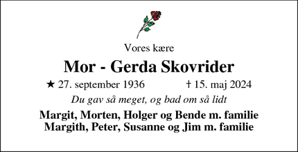 Dødsannoncen for Mor - Gerda Skovrider - Vidstrup