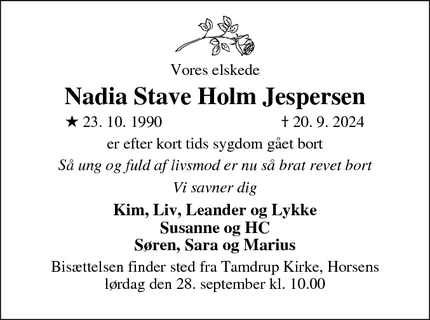 Dødsannoncen for Nadia Stave Holm Jespersen - Horsens