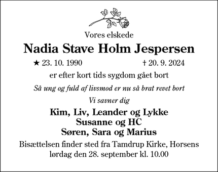 Dødsannoncen for Nadia Stave Holm Jespersen - Horsens