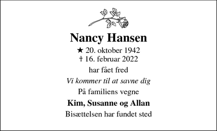 Dødsannoncen for Nancy Hansen - Horsens