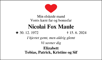 Dødsannoncen for Nicolai Fox Maule - København