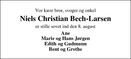 Dødsannoncen for Niels Christian Bech-Larsen - Harboøre