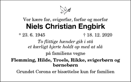 Dødsannoncen for Niels Christian Engbirk - Ishøj