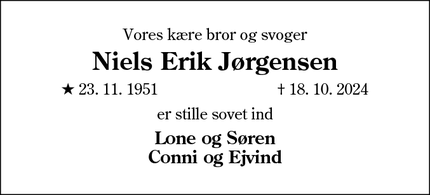 Dødsannoncen for Niels Erik Jørgensen - Agerbæk