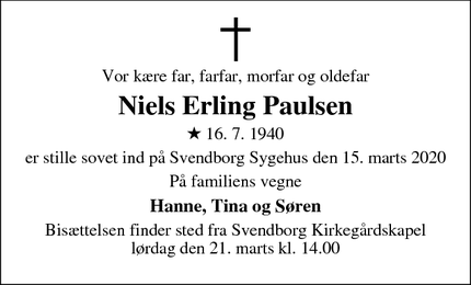 Dødsannoncen for Niels Erling Paulsen - Svendborg