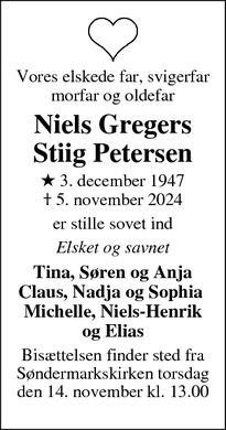 Dødsannoncen for Niels Gregers
Stiig Petersen - Vejle