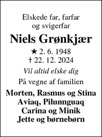 Dødsannoncen for Niels Grønkjær - Helsingør