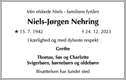 Dødsannoncen for Niels-Jørgen Nehring - Charlottenlund