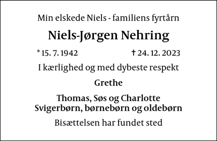 Dødsannoncen for Niels-Jørgen Nehring - Charlottenlund