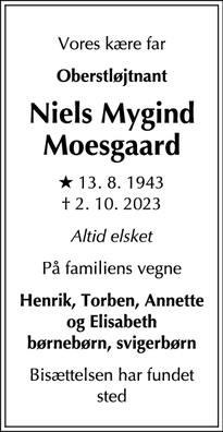 Dødsannoncen for Niels Mygind
Moesgaard - Frederiksberg 