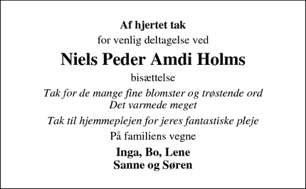 Dødsannoncen for Niels Peder Amdi Holms - holsted