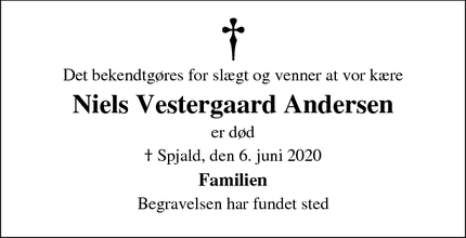 Dødsannoncen for Niels Vestergaard Andersen - Spjald