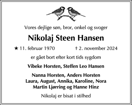 Dødsannoncen for Nikolaj Steen Hansen - Gentofte