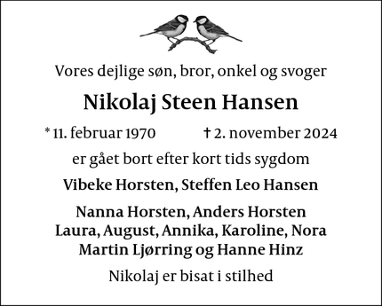 Dødsannoncen for Nikolaj Steen Hansen - Gentofte