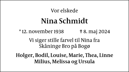 Dødsannoncen for Nina Schmidt - København S