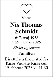 Dødsannoncen for Nis Thomas Schmidt - Værløse