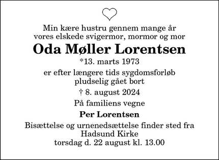 Dødsannoncen for Oda Møller Lorentsen - Hadsund