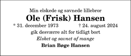 Dødsannoncen for Ole (Frisk) Hansen - 9990 Skagen