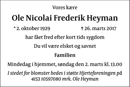 Dødsannoncen for Ole Nicolai Frederik Heyman - Vallensbæk Strand