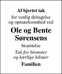 Taksigelsen for Ole og Bente
Sørensen - Nykøbing F