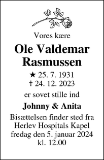 Dødsannoncen for Ole Valdemar
Rasmussen - Haslev