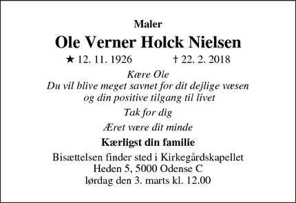 Dødsannoncen for Ole Verner Holck Nielsen - Odense