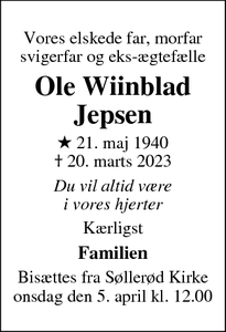 Dødsannoncen for Ole Wiinblad
Jepsen - 2840 Holte