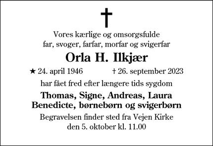 Dødsannoncen for Orla H. Ilkjær - Smørum