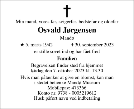 Dødsannoncen for Osvald Jørgensen - Gredstedbro