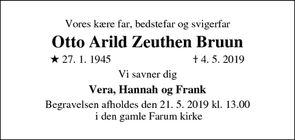 Dødsannoncen for Otto Arild Zeuthen Bruun - Farum