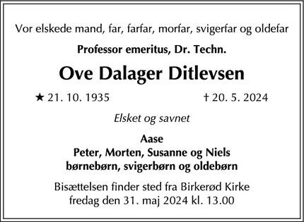 Dødsannoncen for Ove Dalager Ditlevsen - Birkerød