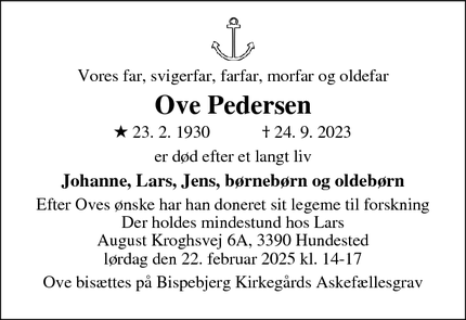 Dødsannoncen for Ove Pedersen - København