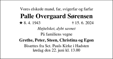 Dødsannoncen for Palle Overgaard Sørensen - Frederiksberg