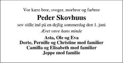 Dødsannoncen for Peder Skovhuus - Herning