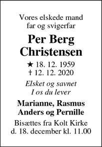 Dødsannoncen for Per Berg
Christensen - Hasselager