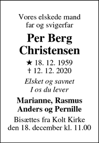 Dødsannoncen for Per Berg
Christensen - Hasselager