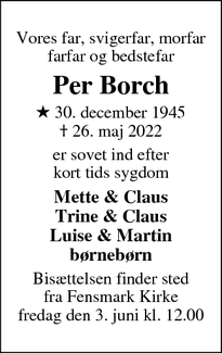 Dødsannoncen for Per Borch  - Fensmark