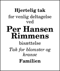 Dødsannoncen for Per Hansen Rimmens - Aalborg