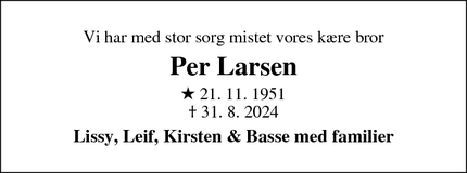 Dødsannoncen for Per Larsen - Aars