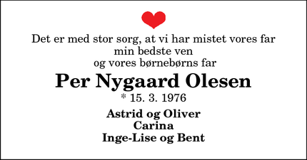 Dødsannoncen for Per Nygaard Olesen - Skjern