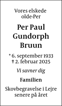 Dødsannoncen for Per Paul
Gundorph
Bruun - Sellerup Strand