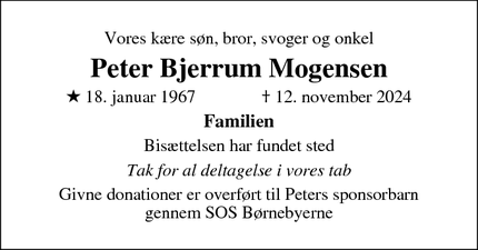 Dødsannoncen for Peter Bjerrum Mogensen - Helsingør