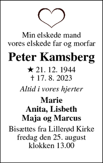 Dødsannoncen for Peter Kamsberg - Allerød