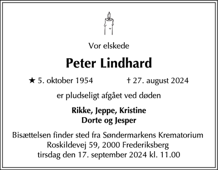 Dødsannoncen for Peter Lindhard - Fjenneslev