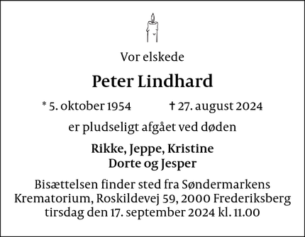 Dødsannoncen for Peter Lindhard - Fjenneslev