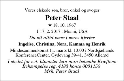 Dødsannoncen for Peter Staal - Miami