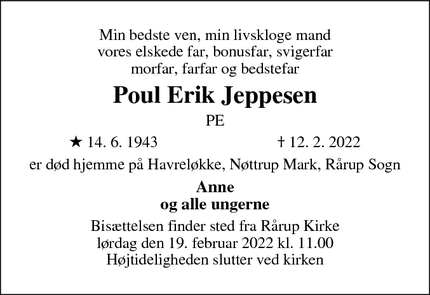 Dødsannoncen for Poul Erik Jeppesen - Rårup