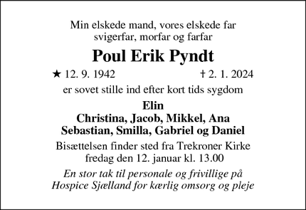 Dødsannoncen for Poul Erik Pyndt - Roskilde