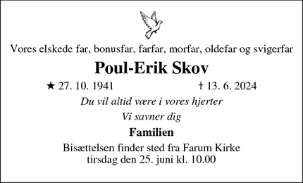 Dødsannoncen for Poul-Erik Skov - Farum