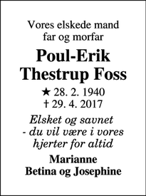 Dødsannoncen for Poul-Erik Thestrup Foss - Salazac, Frankrig